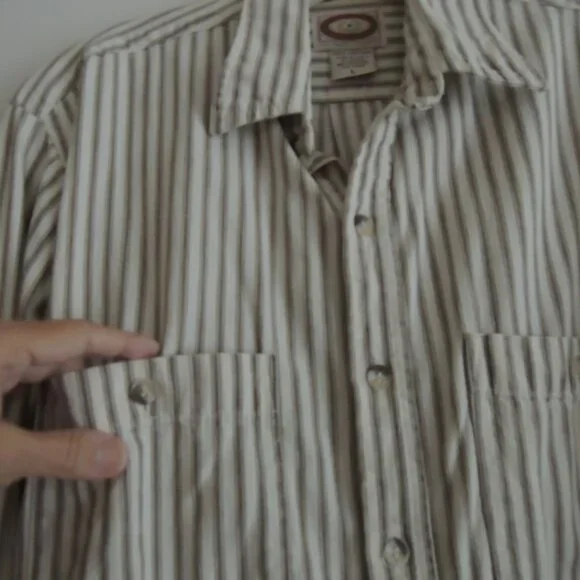 Banana Republic Shirt Size M Off White + Tan Cotton Ticking L/S - Vtg 80s Label
